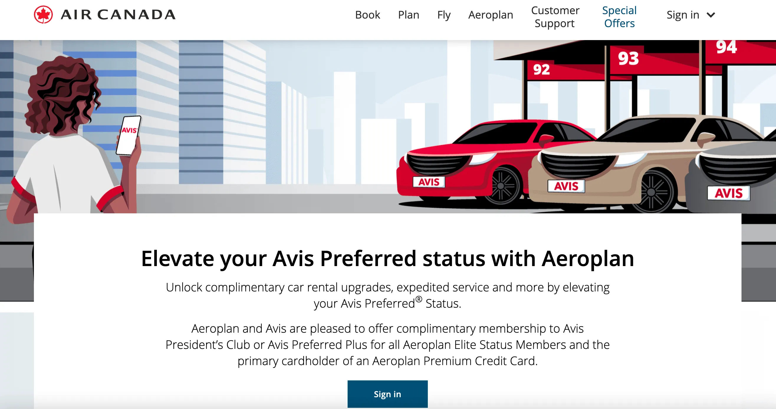Air Canada Aeroplan and Avis car rental partnership promotion showing three rental cars and cityscape background