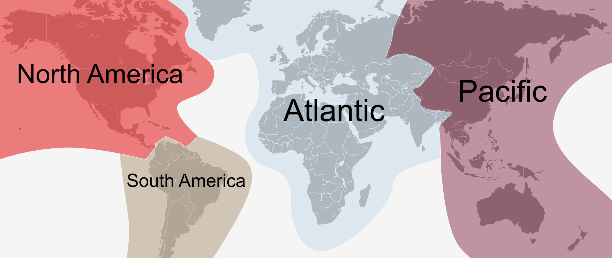 World map showing Aeroplan route regions: North America in red, South America in tan, Atlantic in grey, and Pacific in burgundy.
