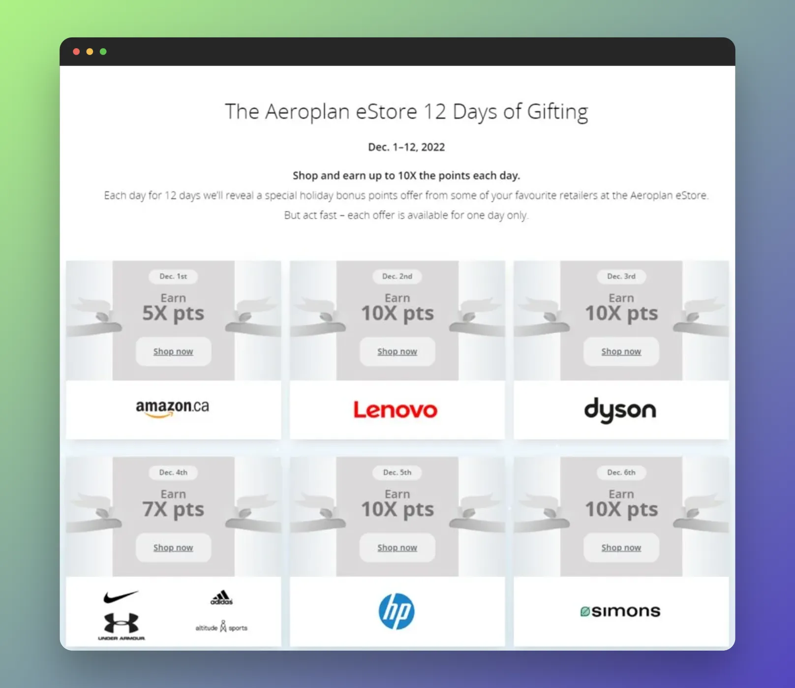 Aeroplan eStore 12 Days of Gifting promotion page showing daily bonus points offers (5X-10X) from retailers including Amazon.ca, Lenovo, Dyson, Nike, Adidas, HP, and Simons for December 1-12, 2022.