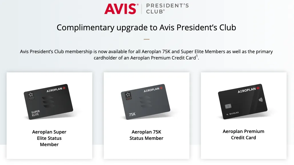 Avis President's Club upgrade offer showing three black Aeroplan credit cards: Super Elite Status Member, 75K Status Member, and Premium Credit Card