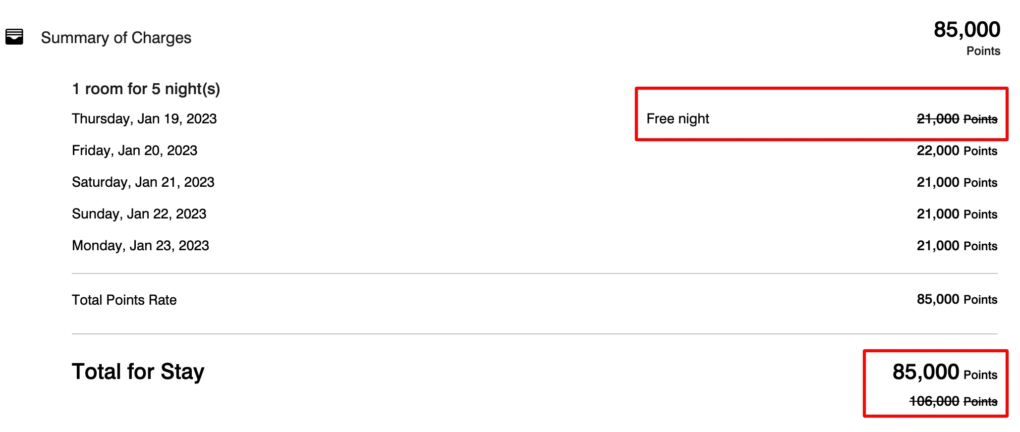 Marriott hotel booking summary showing 5-night stay for 85,000 points with one free night at 21,000 points
