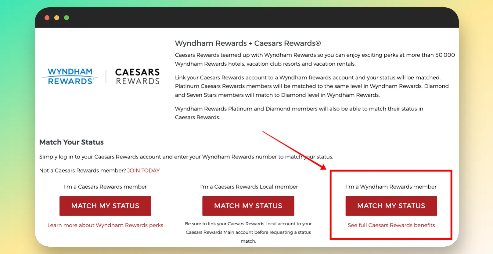 Wyndham Rewards and Caesars Rewards partnership status matching webpage with three options, highlighting Wyndham Rewards member selection