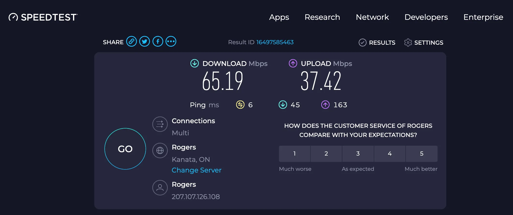 Speedtest result showing 65.19 Mbps download and 37.42 Mbps upload on Rogers network in Kanata, Ontario