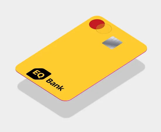 EQ Bank yellow credit card with red circular accent and cloud icon
