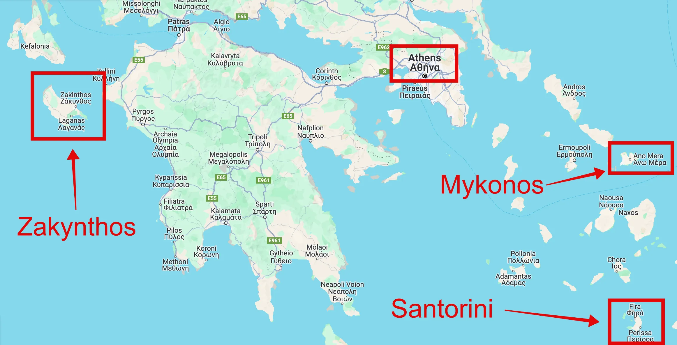 Map of Greece with labeled red boxes marking Athens, Zakynthos, Mykonos, and Santorini destinations
