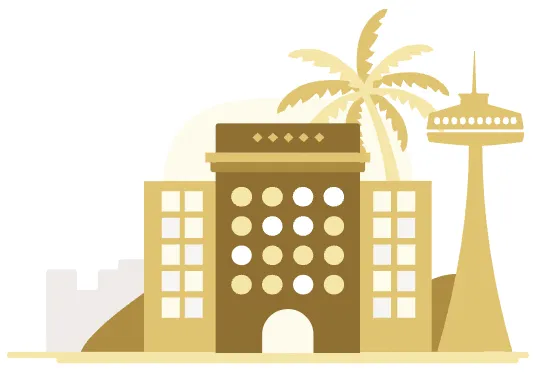 Stylized hotel building with palm tree and space needle tower in gold and tan tones