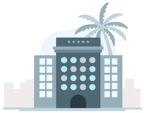 Illustration of a tropical hotel building with palm tree and multi-story structure