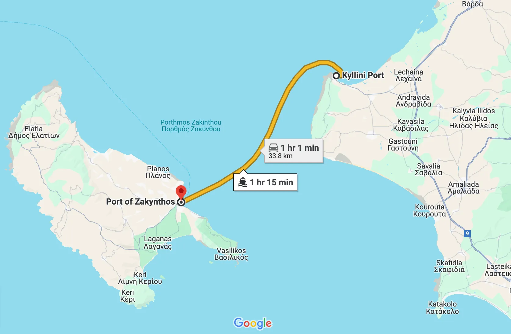Ferry route map from Port of Zakynthos to Kyllini Port with travel times of 1 hour 1 minute and 1 hour 15 minutes displayed.