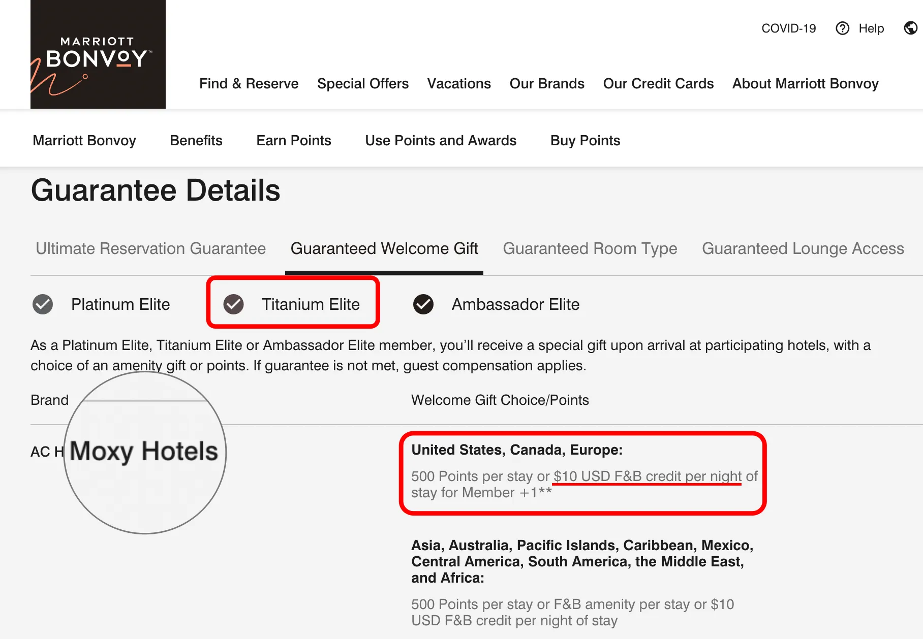 Marriott Bonvoy website showing Guarantee Details for Titanium Elite status with welcome gift options including 500 Points or $10 USD F&B credit