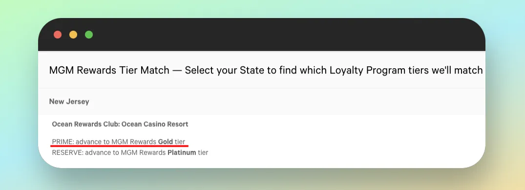 MGM Rewards Tier Match webpage showing New Jersey option with Ocean Rewards Club casino and tier matching to MGM Gold or Platinum