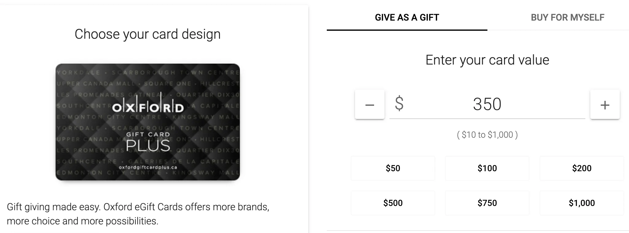 Oxford eGift Card Plus card design with gift card value selection interface showing $10–$1,000 range