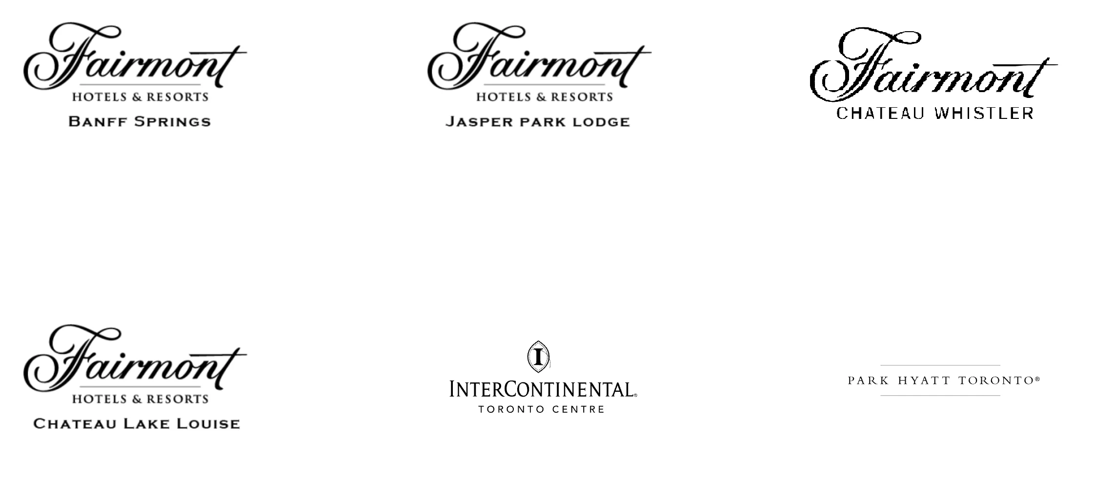 Logos of five luxury hotels: Fairmont Banff Springs, Fairmont Jasper Park Lodge, Fairmont Chateau Whistler, Fairmont Chateau Lake Louise, InterContinental Toronto Centre, and Park Hyatt Toronto