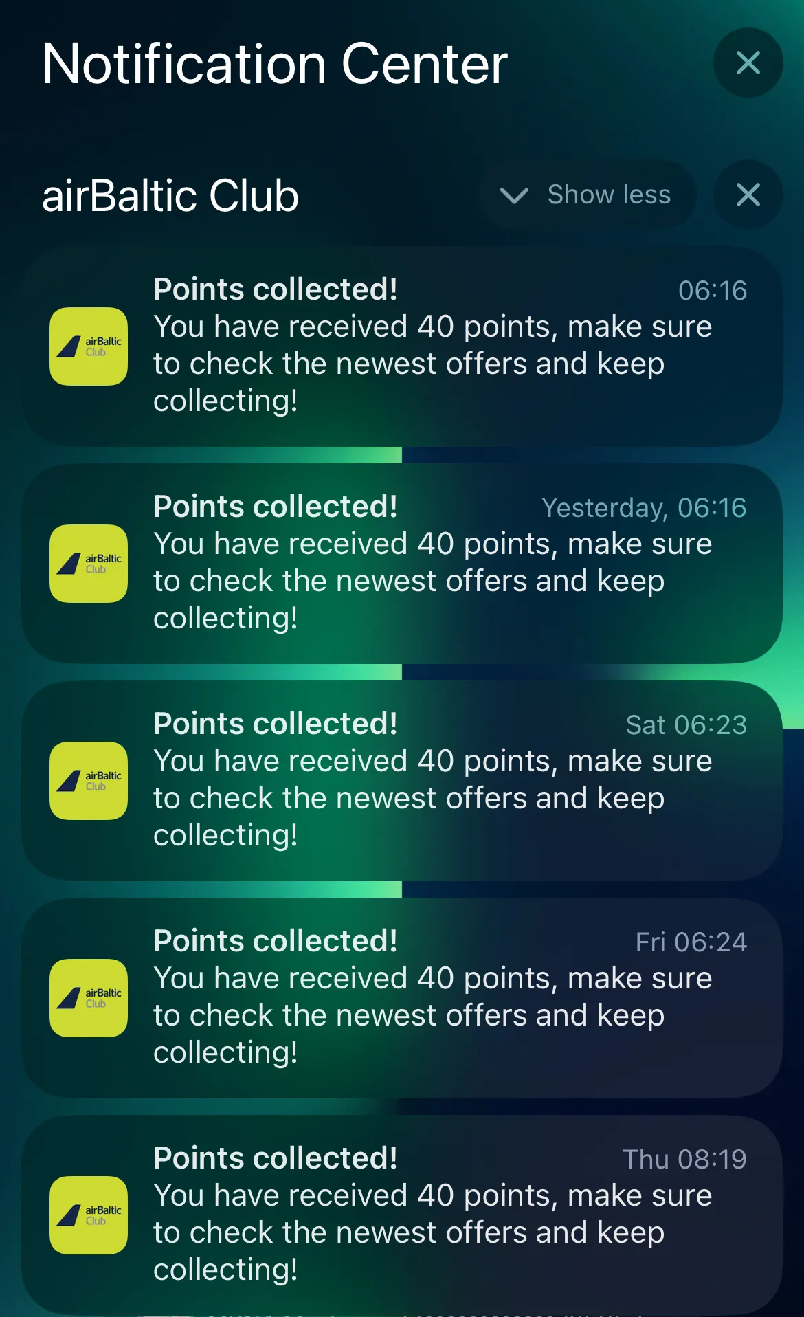 airBaltic Club app notification center showing multiple points collection notifications of 40 points each