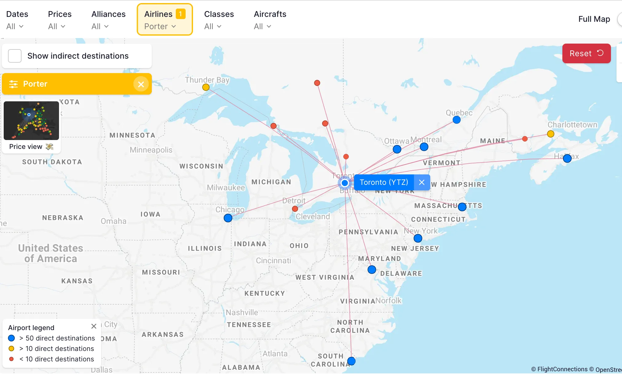 Porter Airlines flight network map showing direct destinations from Toronto (YYZ) across North America