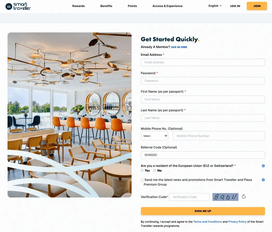 Modern airport lounge interior with gold pendant lights, orange chairs, and waterfront views at Smart Traveller rewards sign-up page.