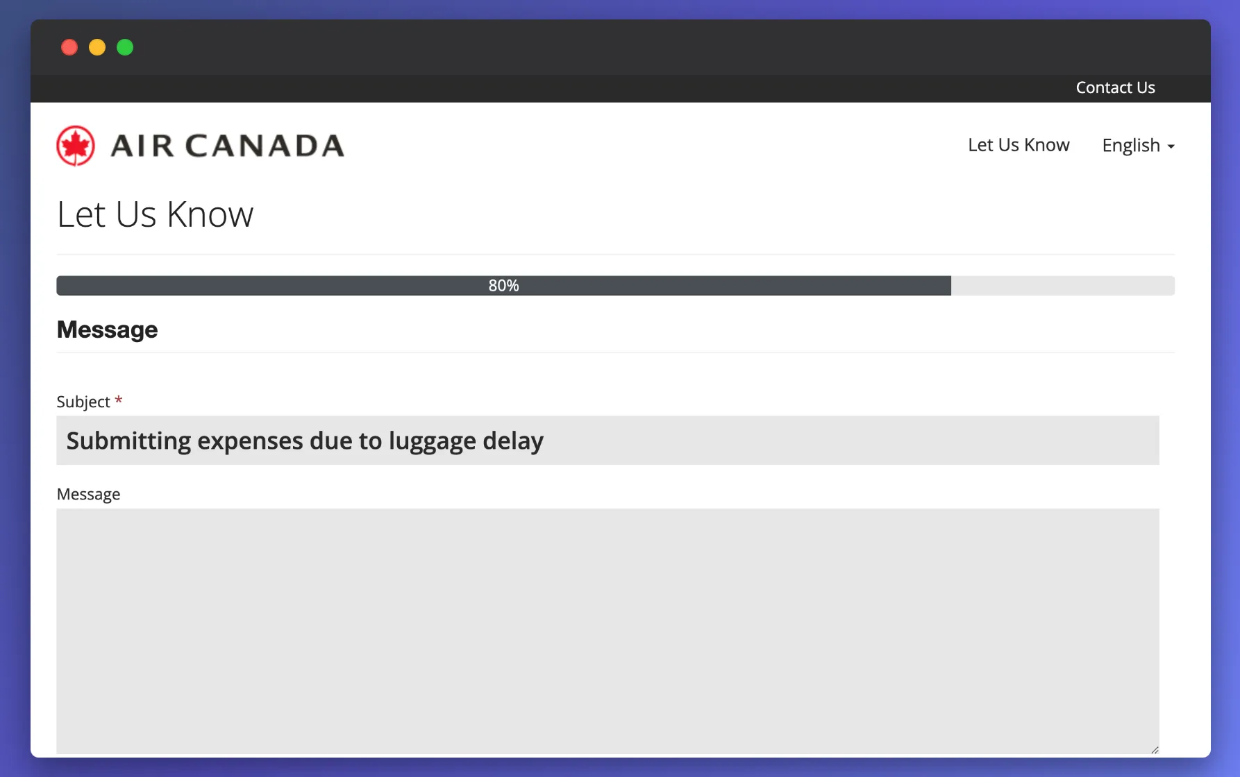 Air Canada Let Us Know feedback form with subject line about luggage delay expenses