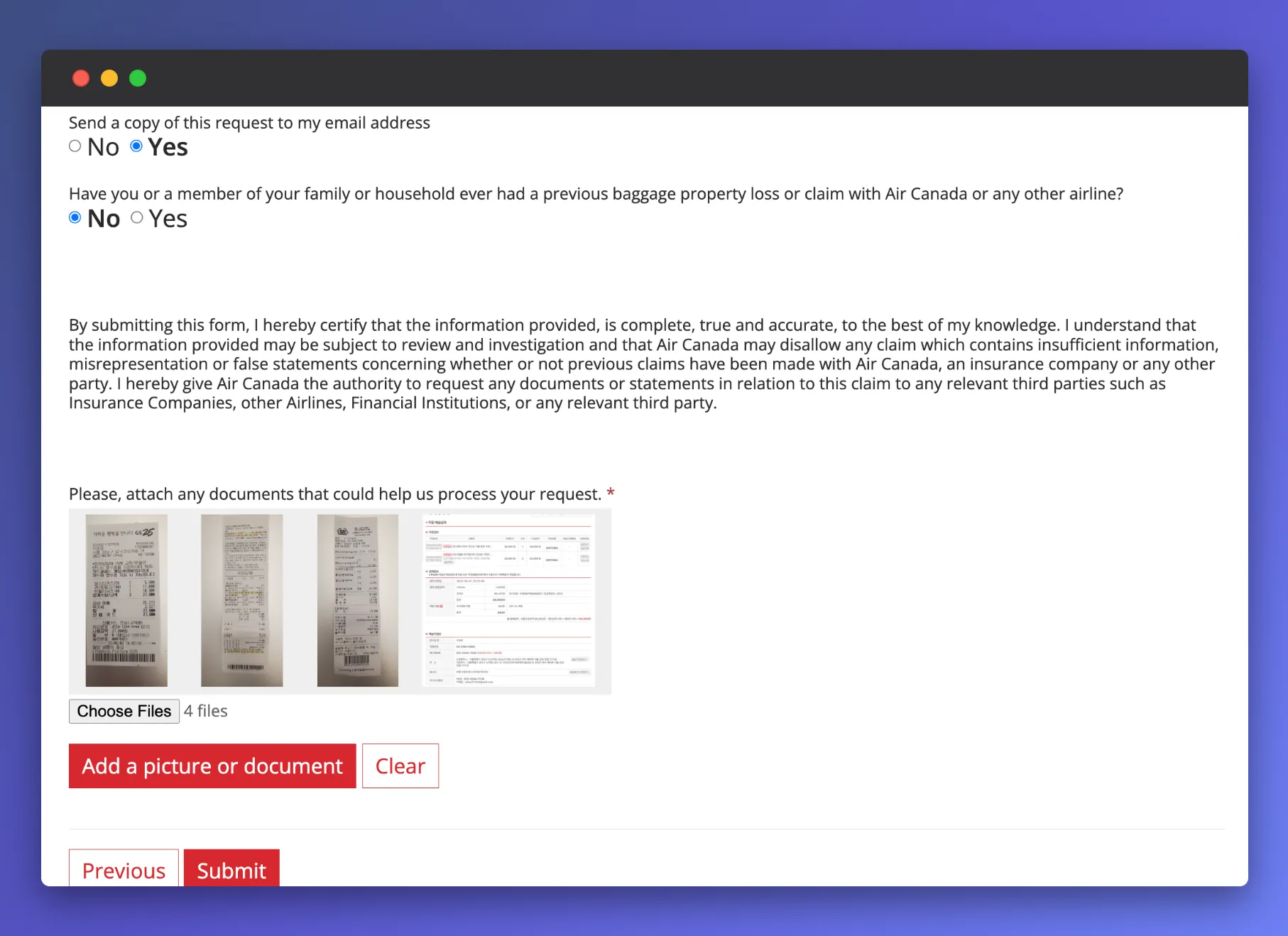 Air Canada baggage claim form with document upload interface and Yes/No options