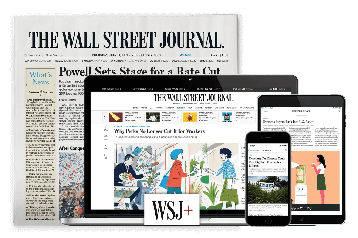 The Wall Street Journal print edition and digital versions displayed across multiple devices including tablet, smartphone, and desktop.