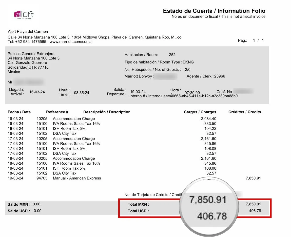 Aloft Playa del Carmen hotel folio showing room charges, taxes, and American Express payment totaling 7,850.91 MXN