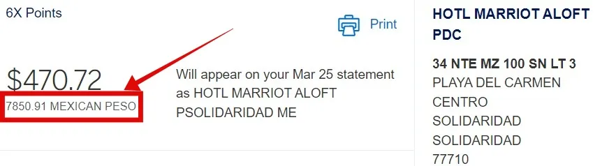 Hotel Marriott Aloft reservation confirmation showing $470.72 USD charge for Playa del Carmen location