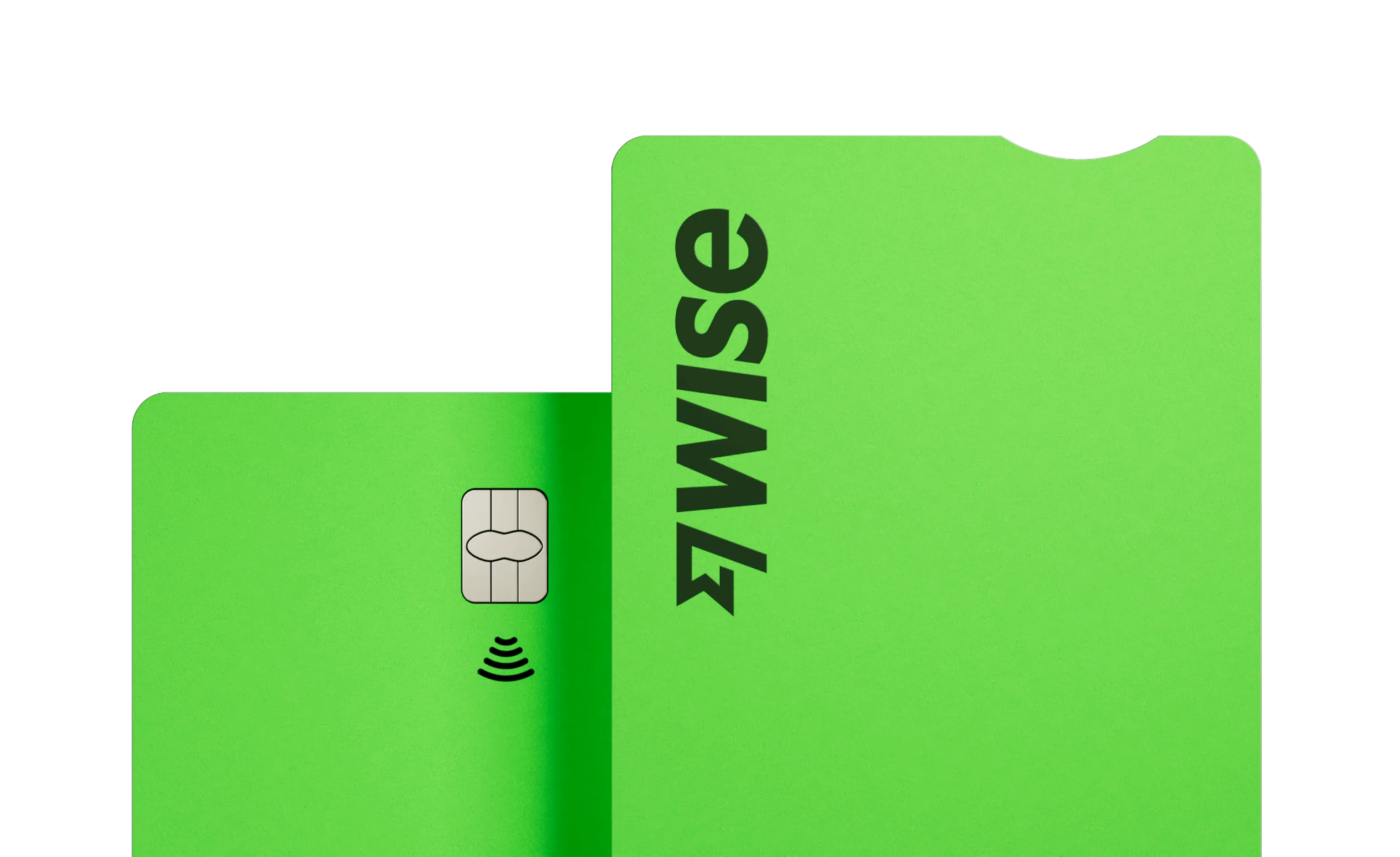 Wise debit card and RFID-blocking sleeve in bright green with contactless chip visible