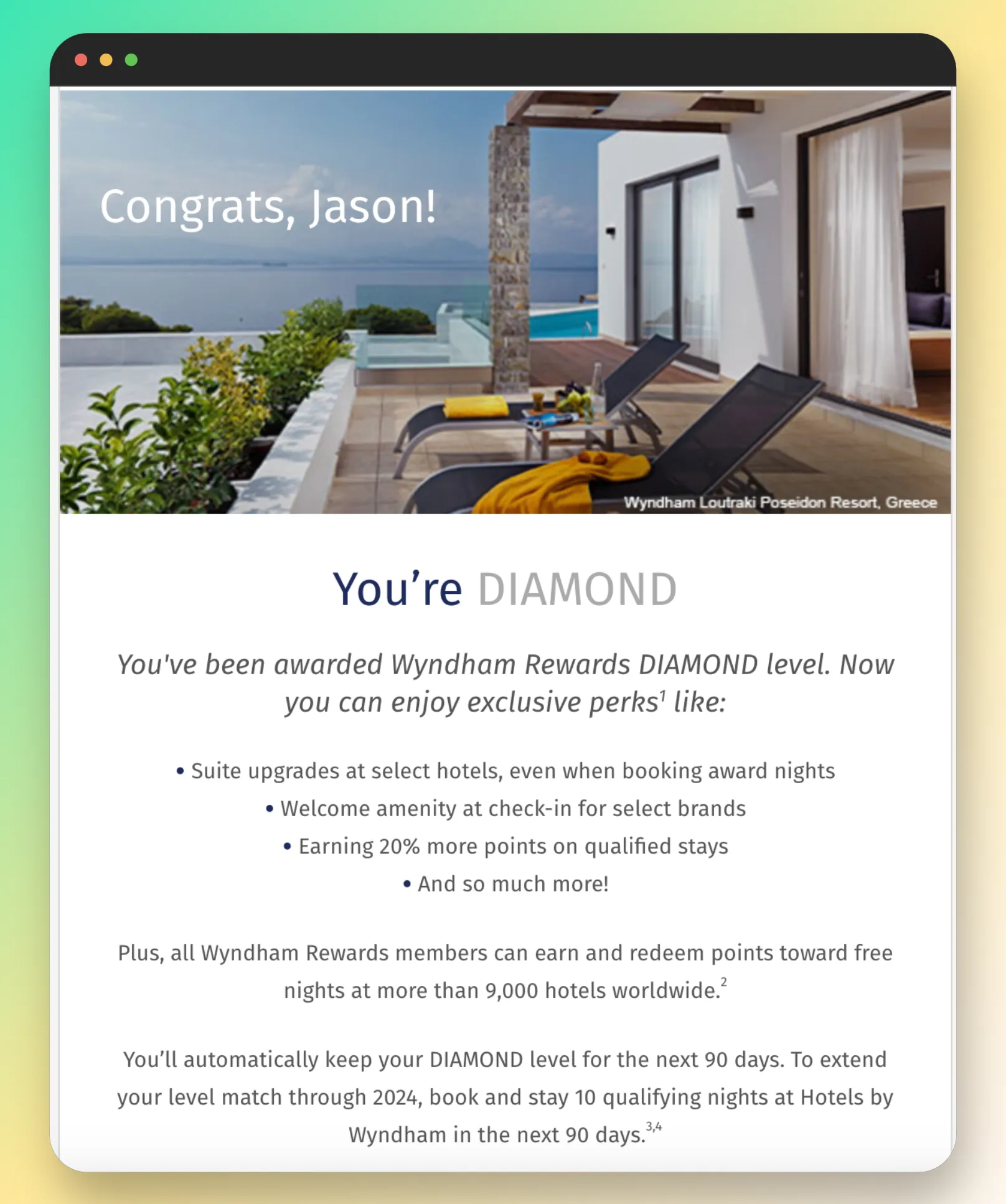Wyndham Rewards Diamond status congratulations screen featuring the Wyndham Loutraki Poseidon Resort in Greece with pool lounge chairs and sea view.