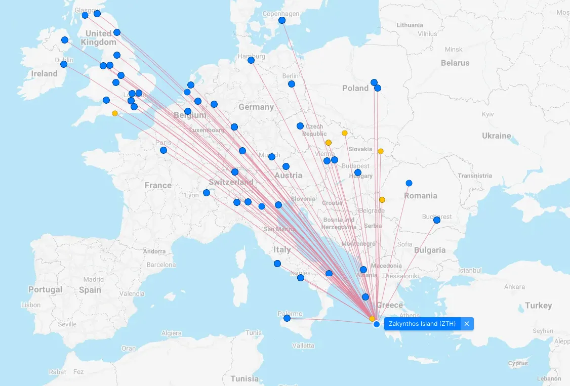 Flight route map showing multiple blue and orange connections from Zakynthos Island airport to European cities.