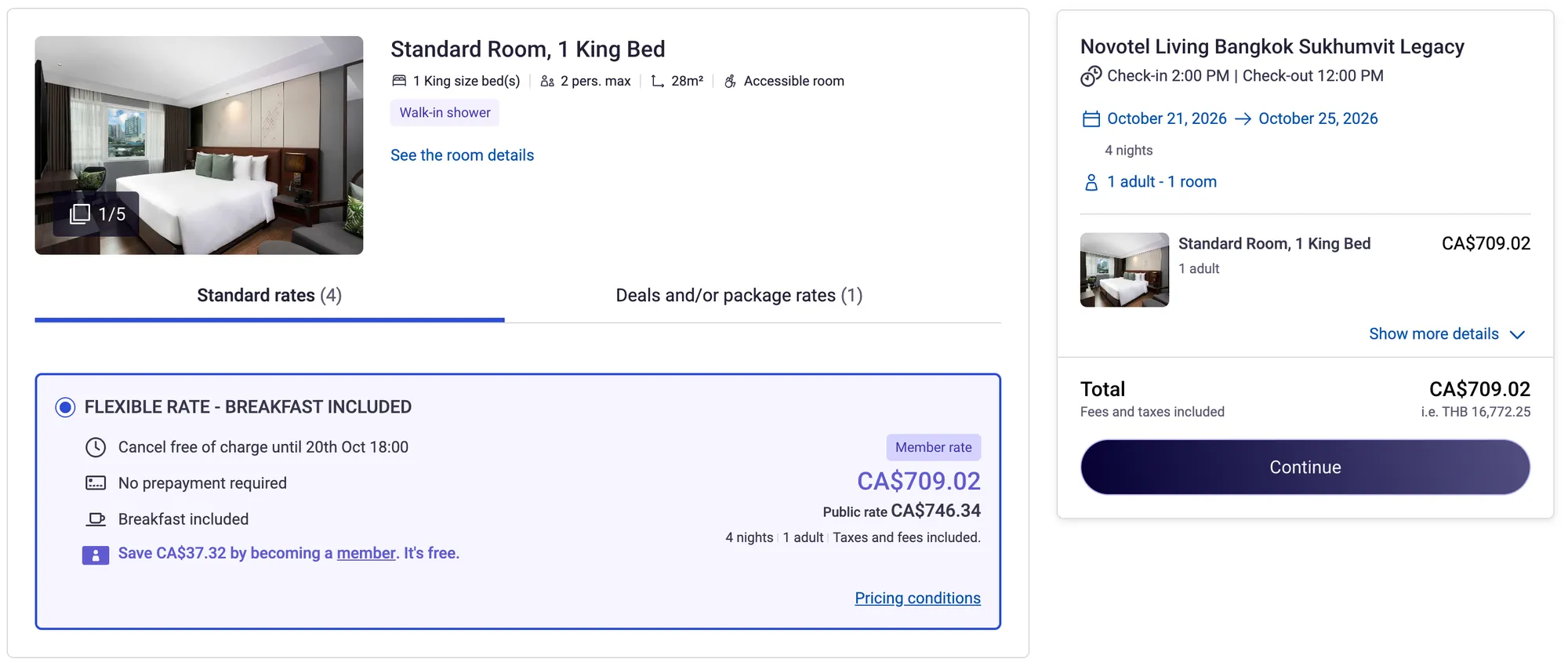 Accor's direct price for the same room and dates: CA$709.02 member rate, refundable, breakfast included
