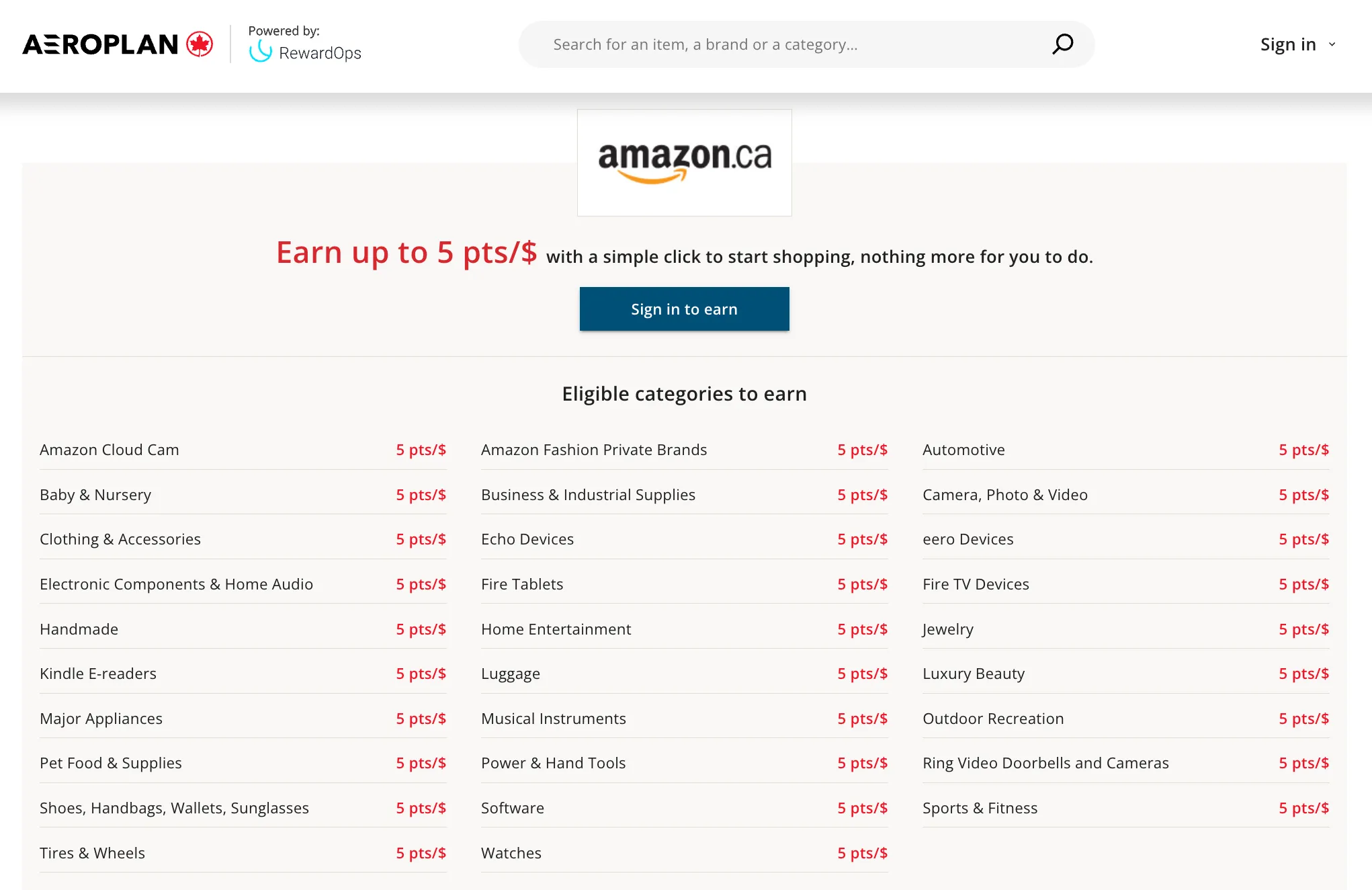 Aeroplan shopping portal showing Amazon.ca rewards earning rates of up to 5 points per dollar across product categories