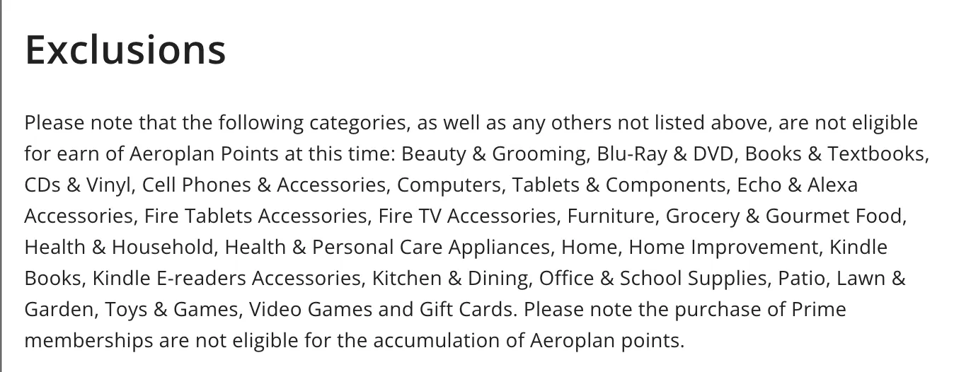 Aeroplan eStore exclusions list on white background, displaying ineligible categories for earning Aeroplan Points