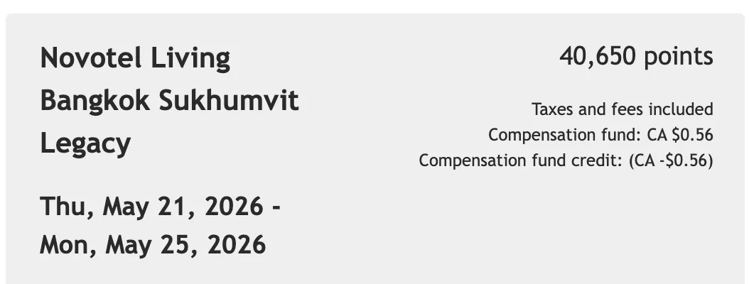 My HotelSavers booking: Novotel Living Bangkok Sukhumvit Legacy, May 21 to 25, 2026, 40,650 points
