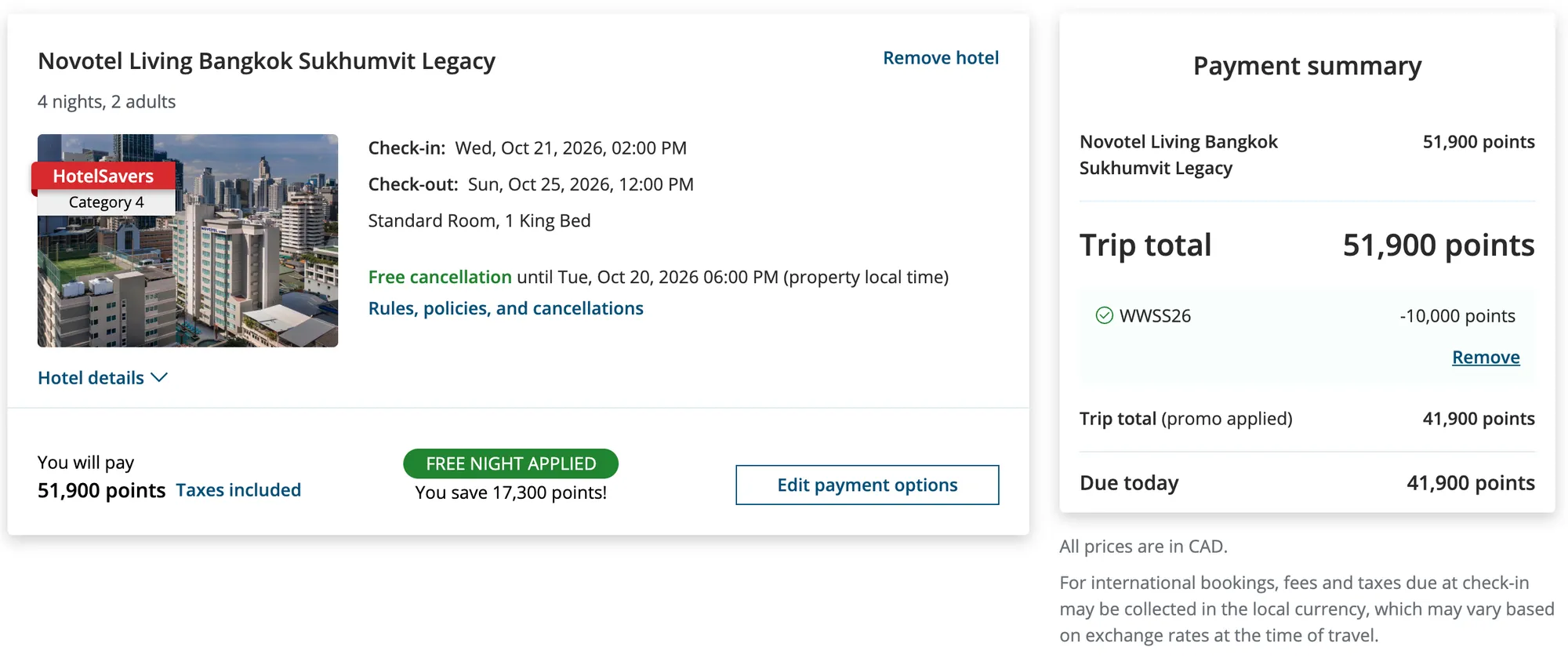 HotelSavers cart for 4 nights in Bangkok: free night applied and WWSS26 applied, 41,900 points due