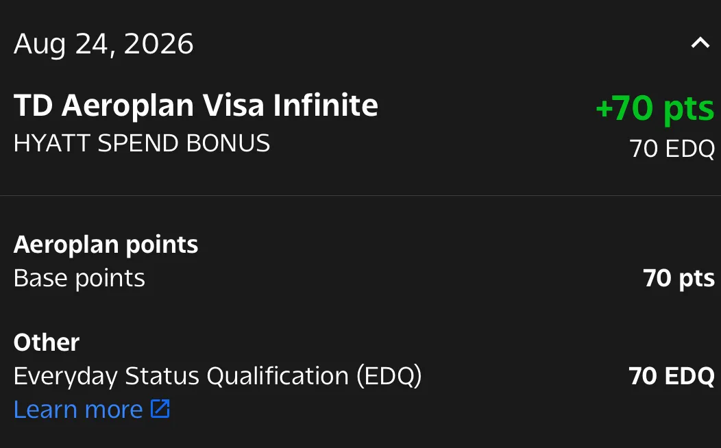 Aeroplan 계정에 들어온 HYATT SPEND BONUS 70포인트