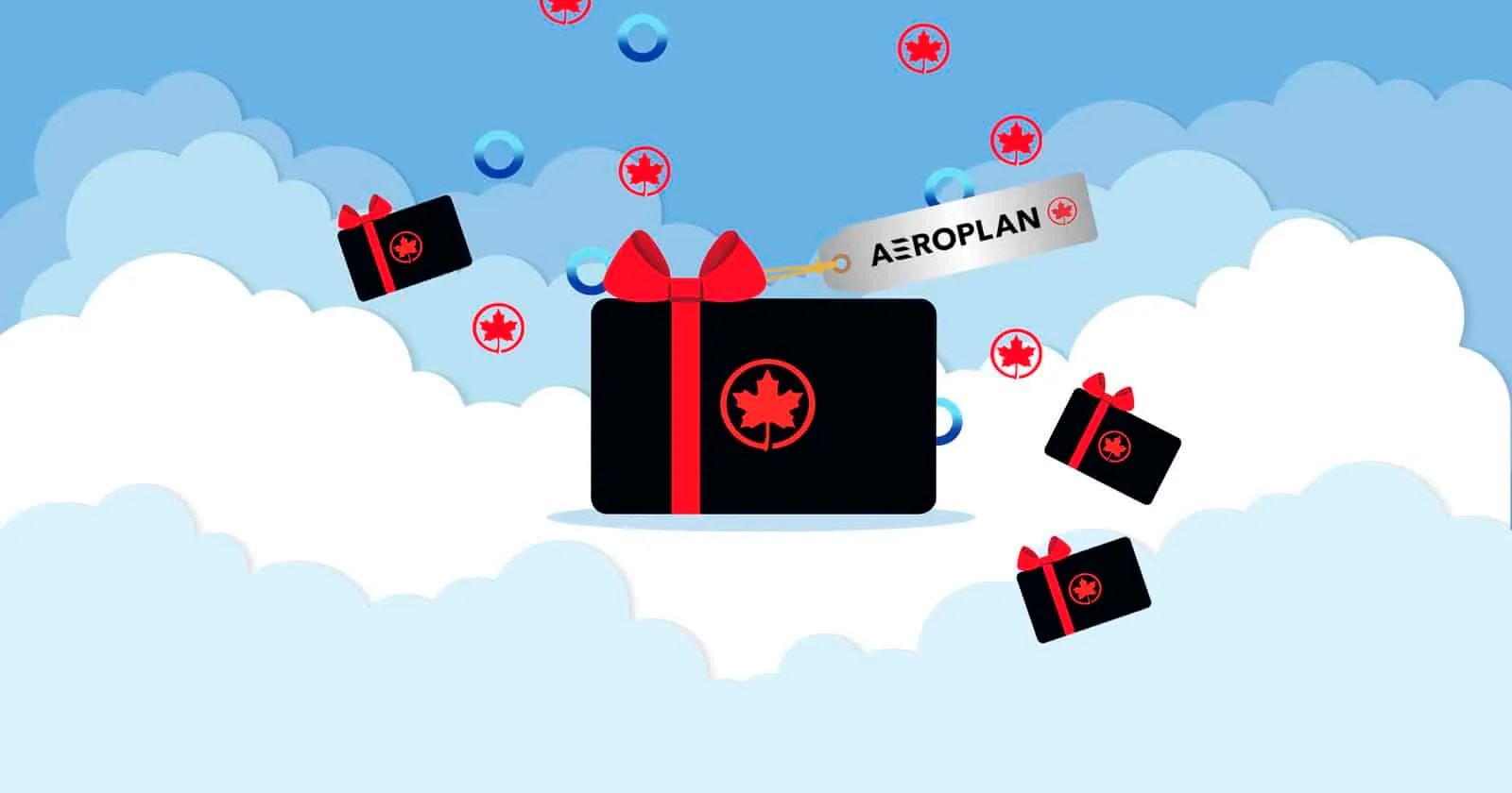 Aeroplan credit card gift illustration with maple leaf logo, gift boxes, and airplane against blue sky background