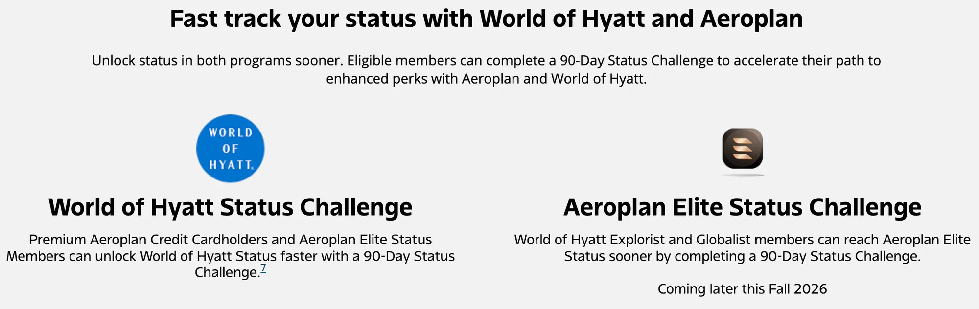 The Aeroplan and World of Hyatt 90-day status challenges