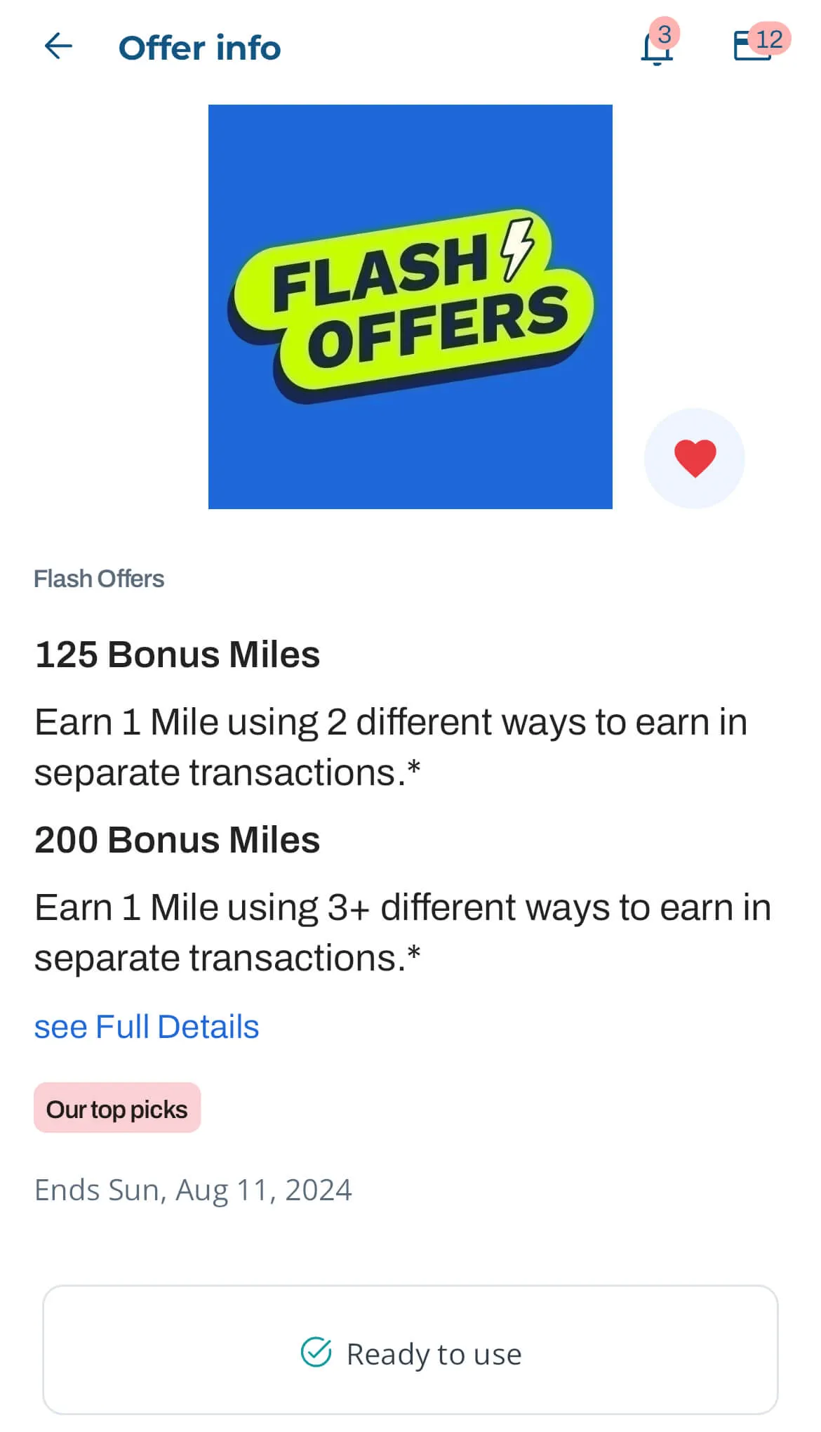 Air Miles Flash Offers promotion screen showing 125 and 200 bonus miles offers, expires August 11, 2024