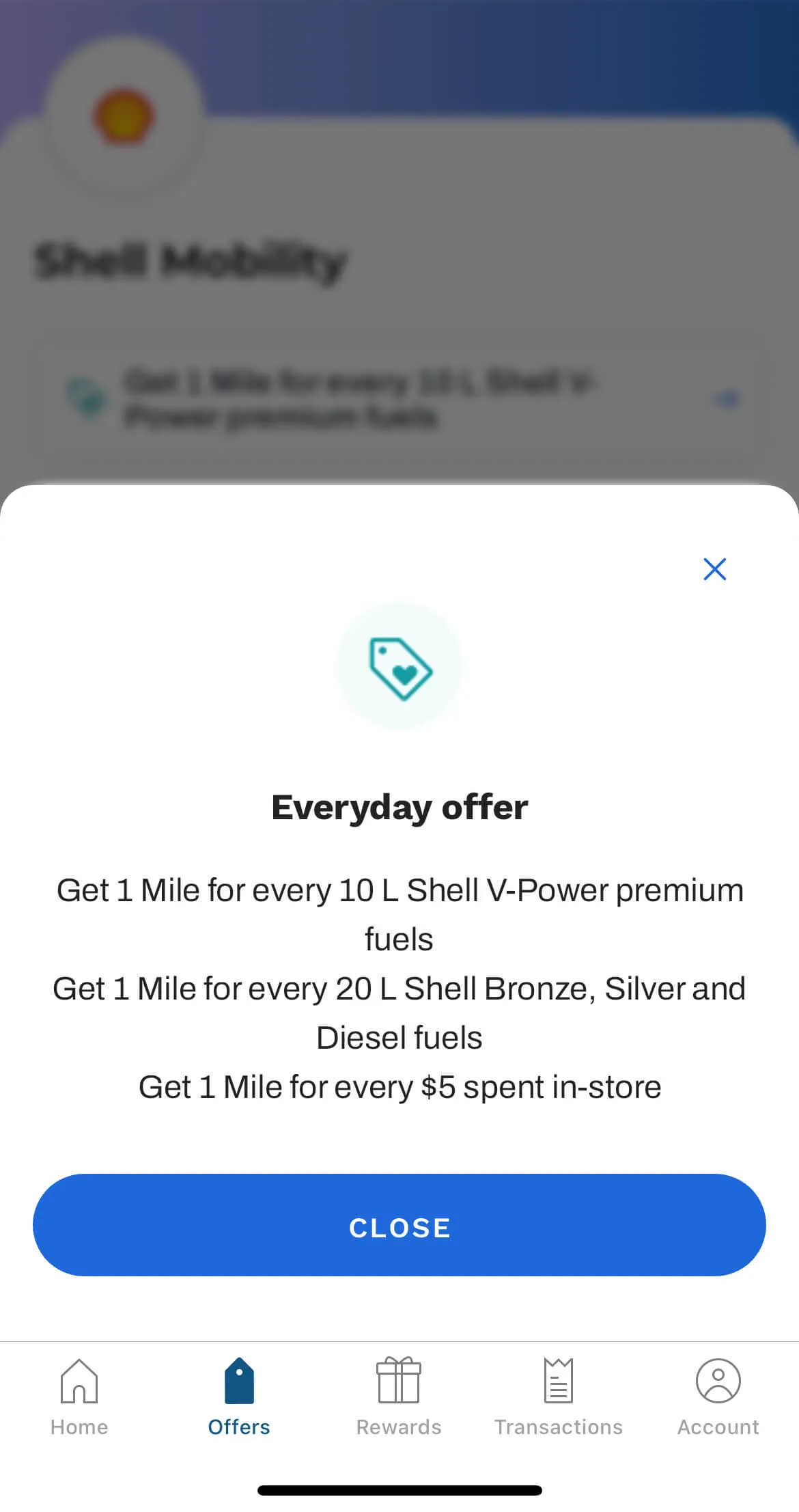 Shell Mobility app showing everyday offer modal with Air Miles rewards for fuel purchases and in-store spending