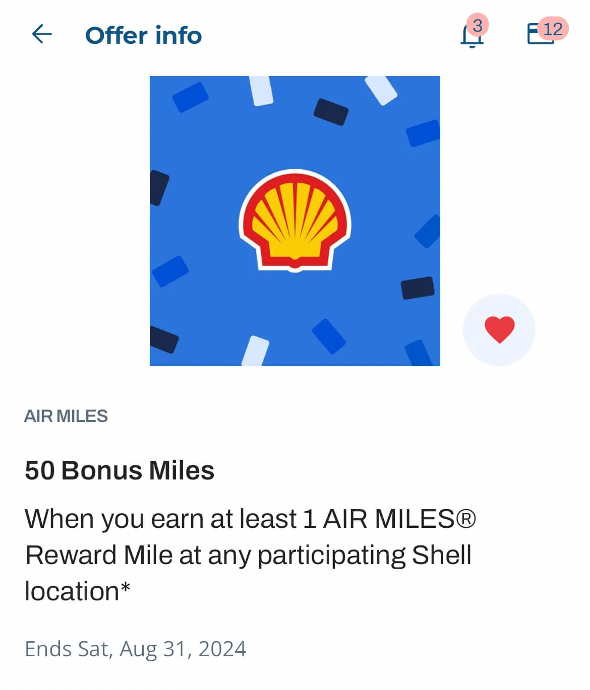 Shell logo on blue background with credit card offer details for 50 bonus AIR MILES.