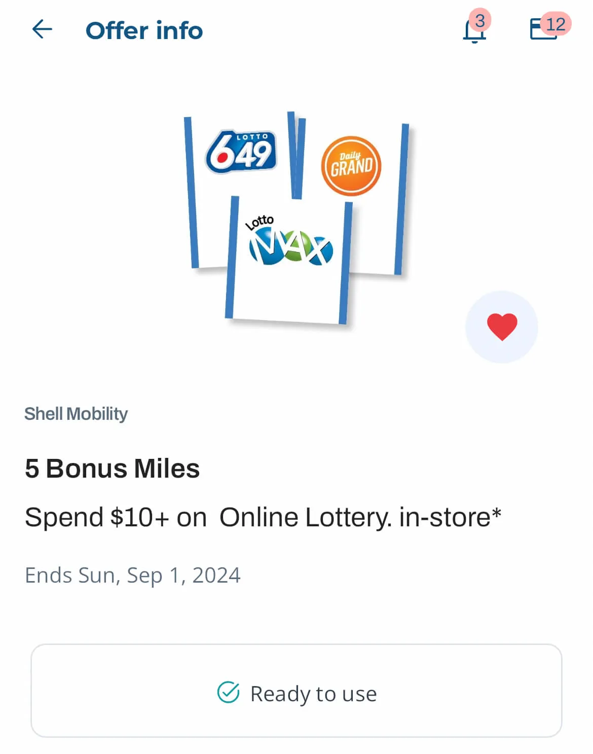 Shell Mobility credit card offer screen showing 5 bonus miles for $10+ online lottery purchase, ending September 1, 2024.