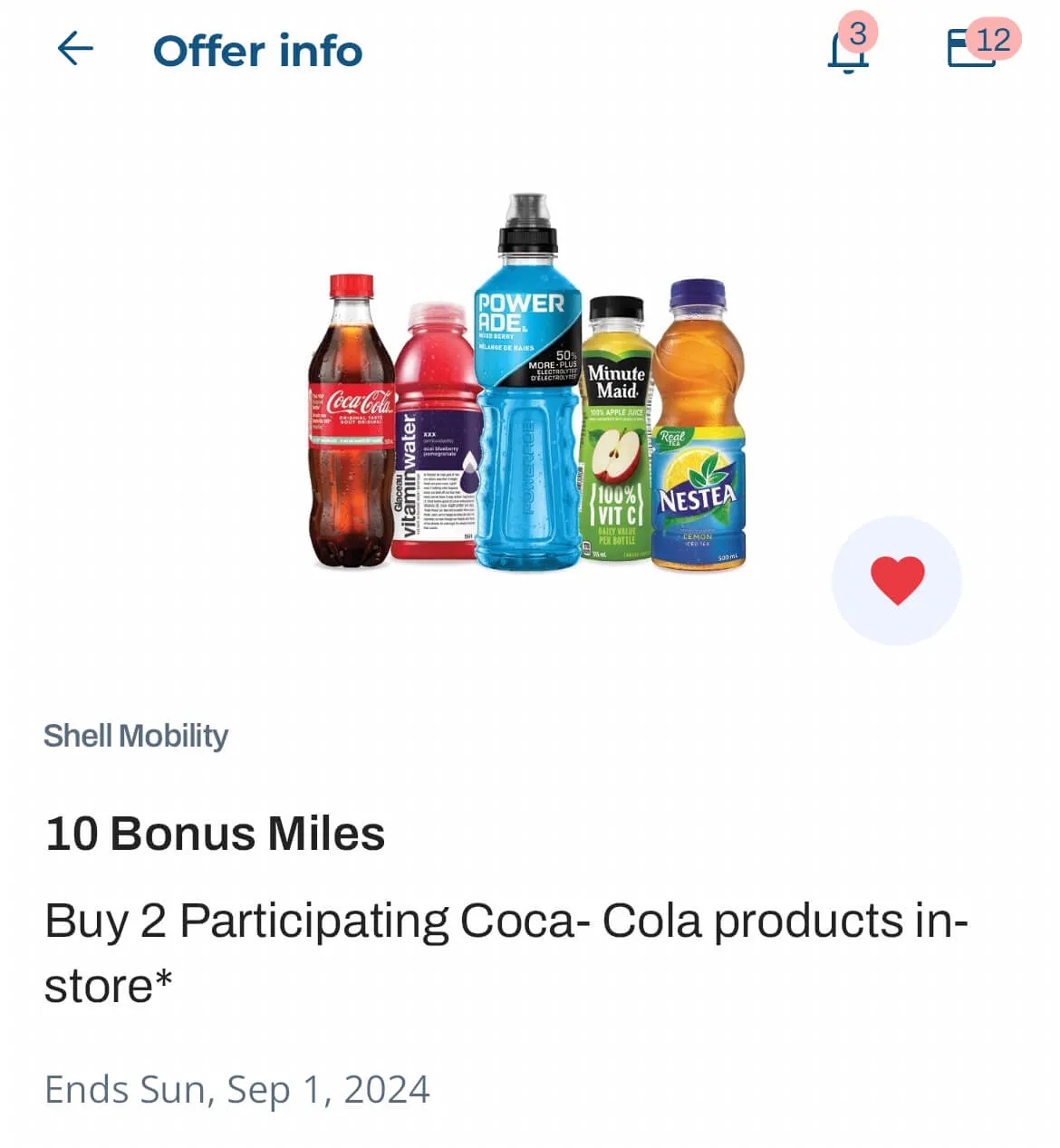 Shell Mobility offer displaying Coca-Cola beverage products including Coca-Cola, Powerade, Minute Maid, and Nestea bottles