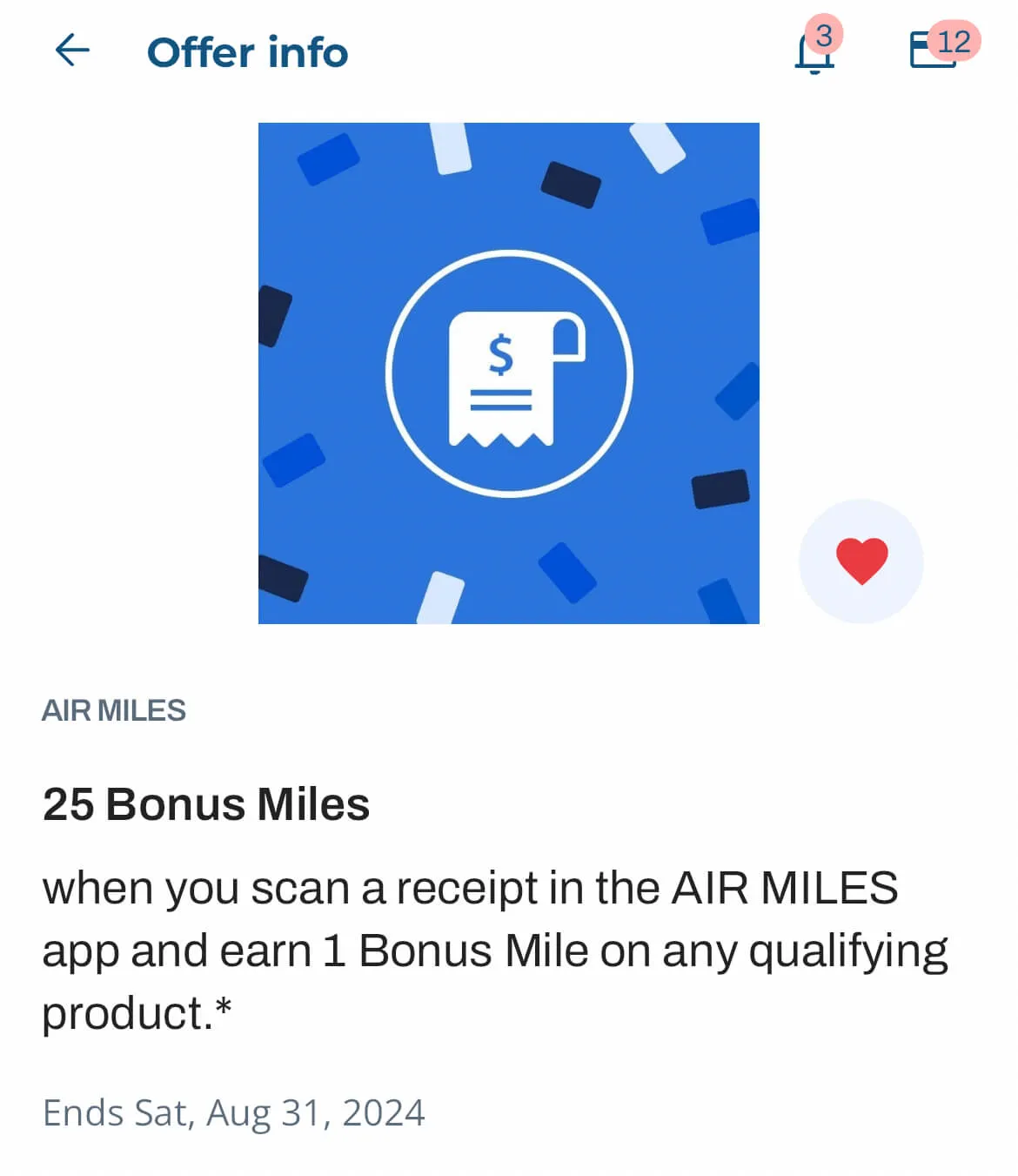 Air Miles app offer screen showing 25 Bonus Miles promotion with receipt icon on blue background