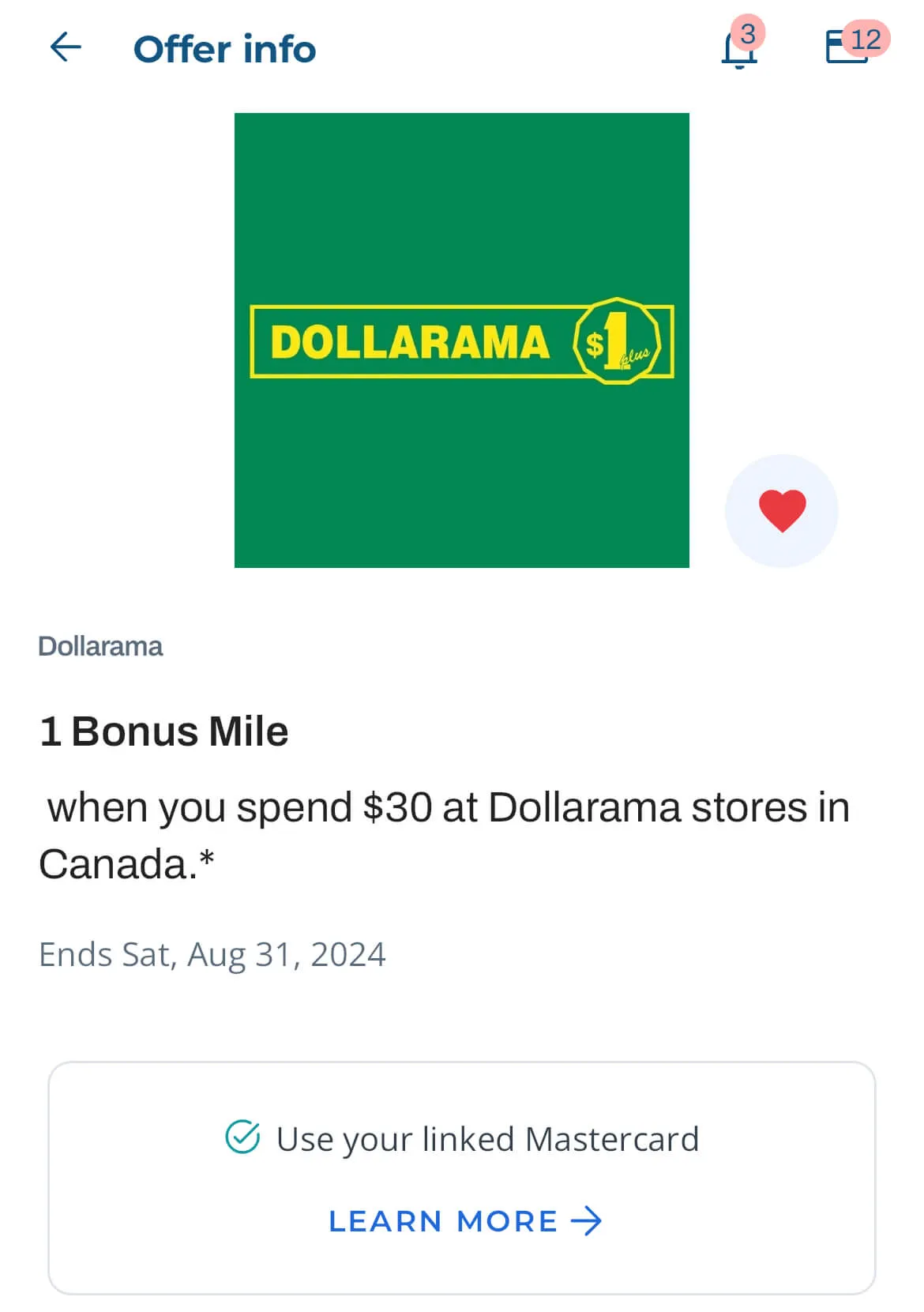 Dollarama offer info screen showing 1 bonus mile promotion for spending $30 in Canada