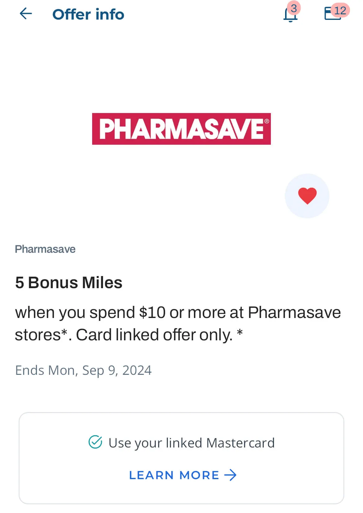Pharmasave offer info screen showing 5 bonus miles promotion for credit card linked offer