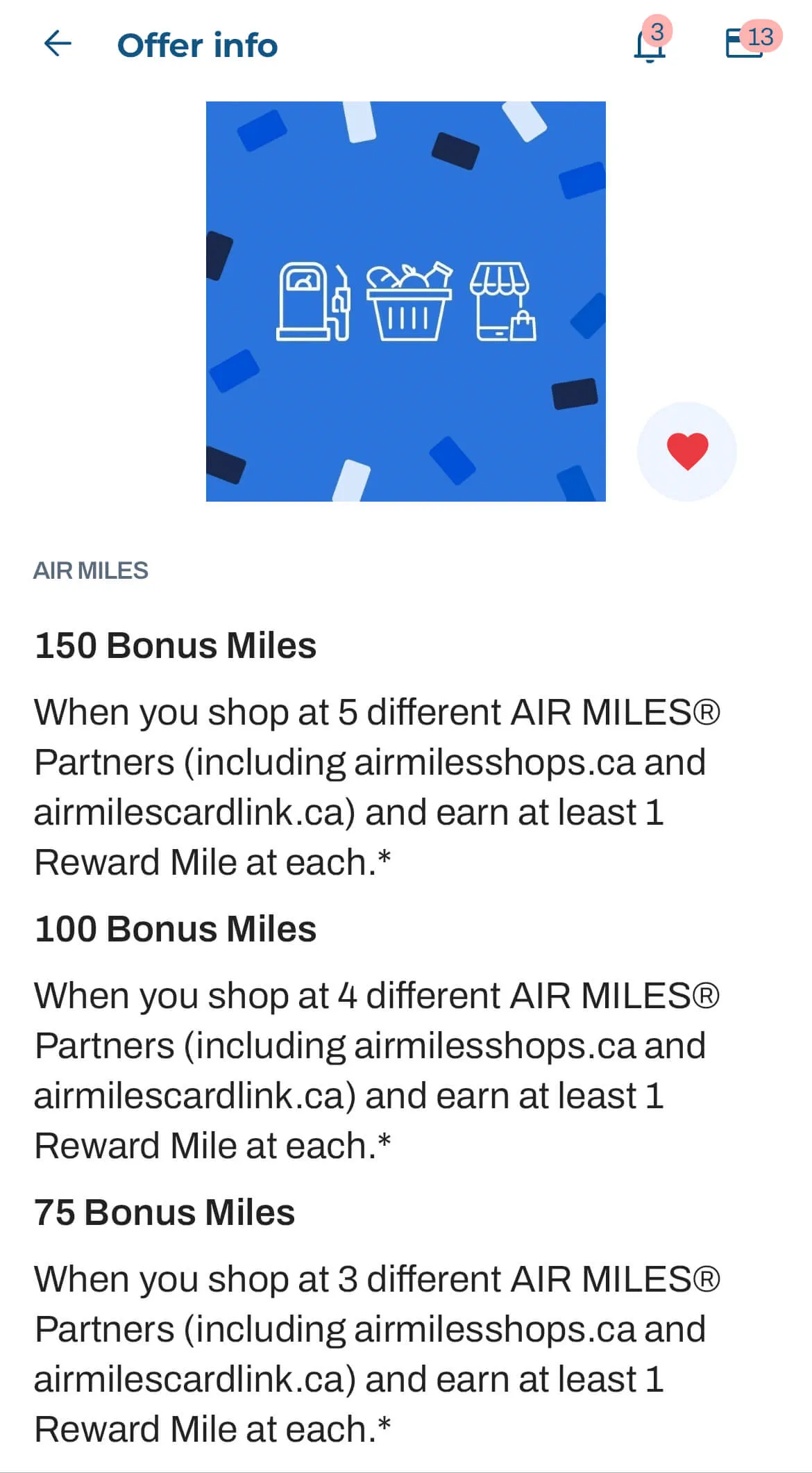 Air Miles offer info screen showing bonus miles for shopping at partner retailers including gas, groceries, and shopping mall icons.