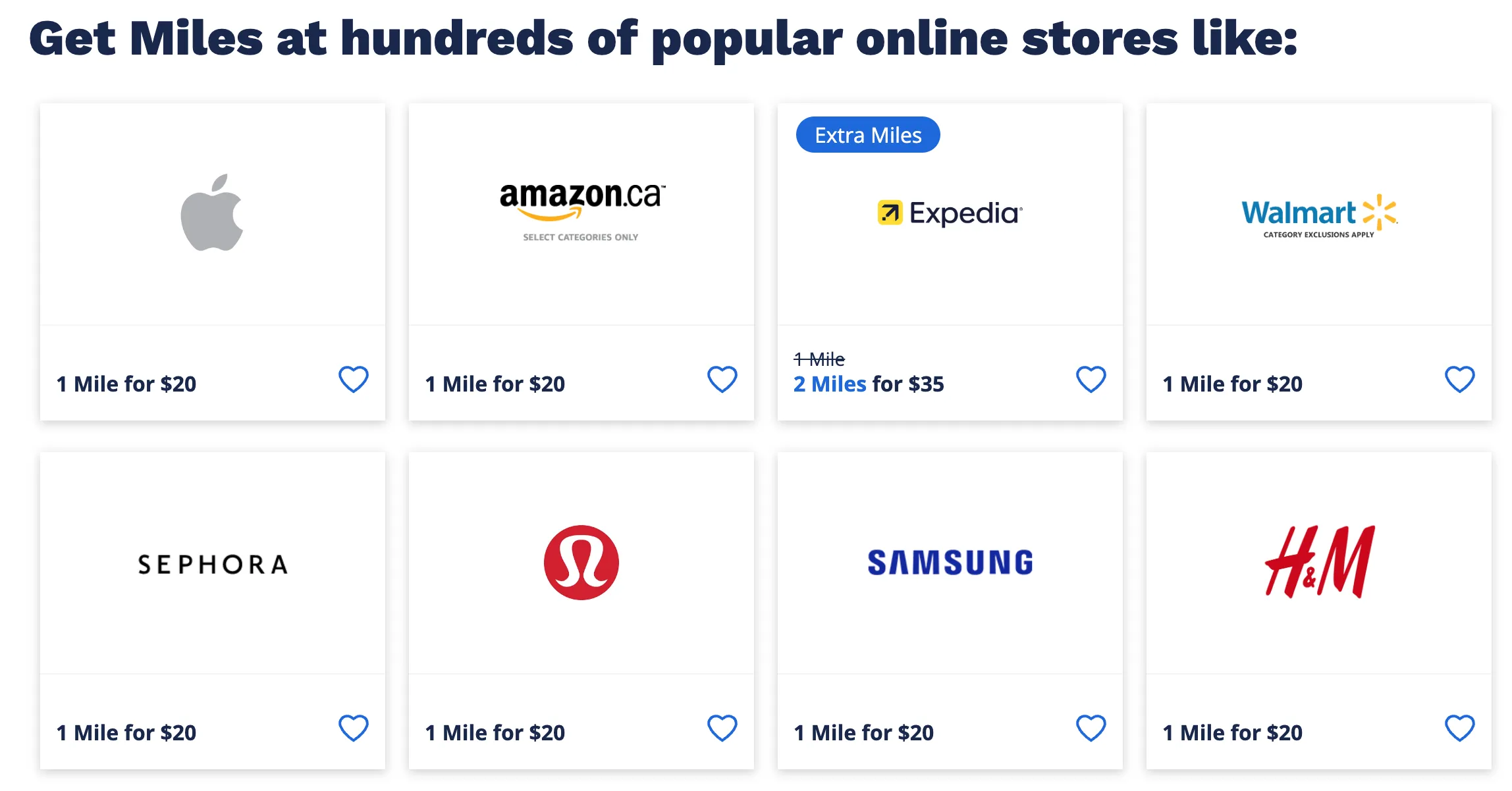Air Miles partner merchants including Apple, Amazon.ca, Expedia, Walmart, Sephora, Lululemon, Samsung, and H&M with redemption rates displayed.
