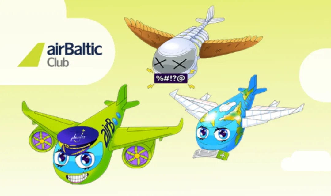 airBaltic Club logo with three cartoon aircraft NFT characters on yellow background