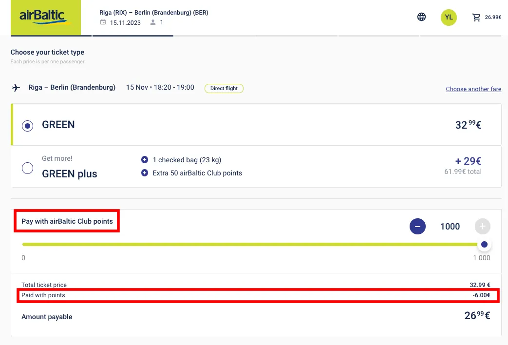airBaltic ticket booking page showing GREEN fare option for Riga to Berlin flight with option to pay using airBaltic Club points