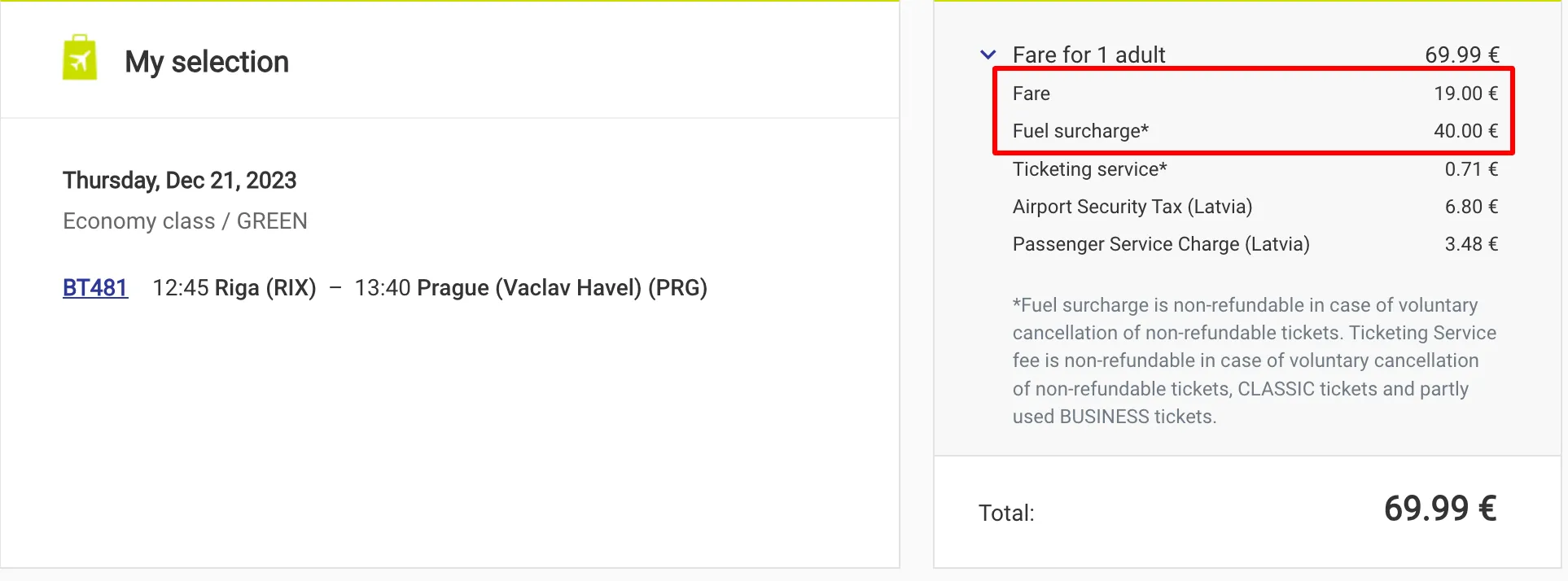 airBaltic flight booking confirmation for BT481 Riga to Prague on Dec 21, 2023, showing economy fare, fuel surcharge, and taxes totaling €69.99