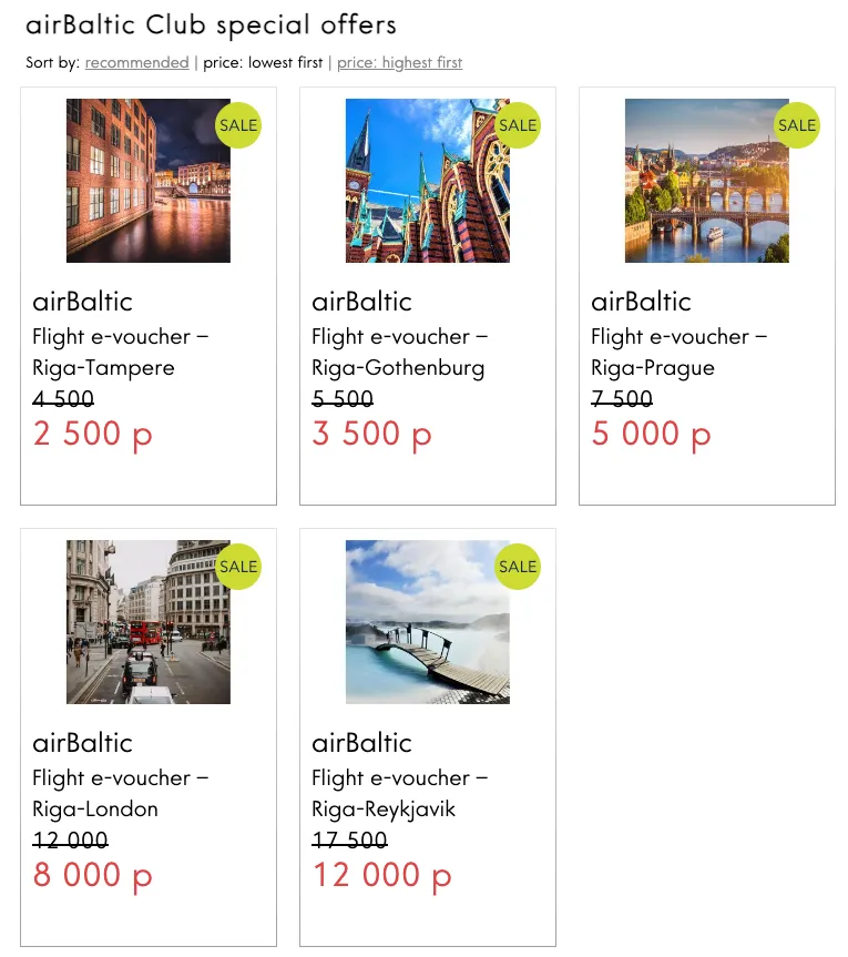 airBaltic flight e-voucher sale page showing five European destinations with discounted prices