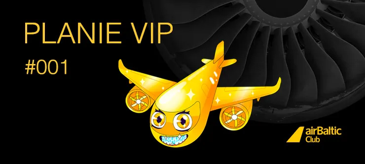 airBaltic Club Planie VIP #001 membership card featuring a smiling cartoon aircraft against a dark turbine background